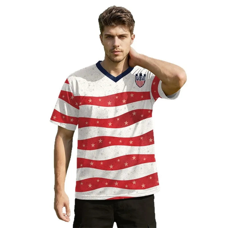 USA Red White Wavy Stripe Print 2026 Home Fan Edition Soccer Jersey Breathable Quick Dry Soccer Shirts
