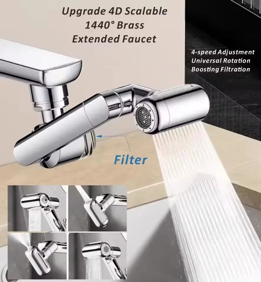 Brass Faucet Extender with Filter – 4 Modes, 1440° Swivel, Splash-Proof Aerator
