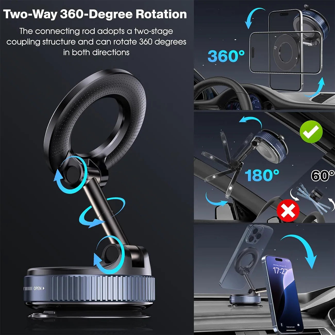 MagSafe Vacuum Magnetic Car Mount – Foldable 360° Adjustable Phone Holder