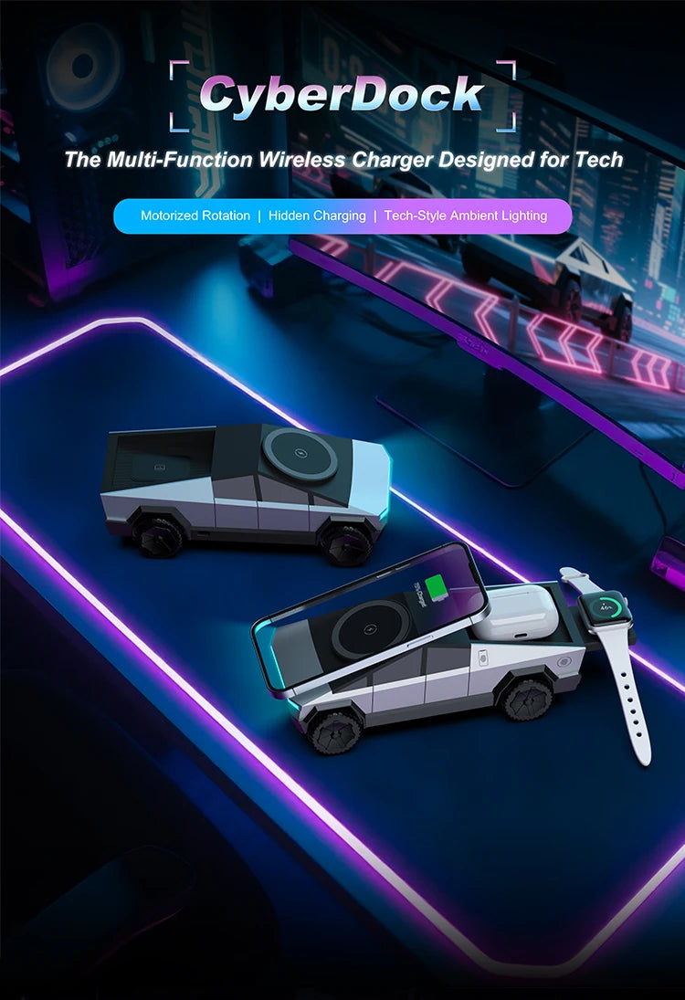 Desktop Cybertruck 3 in 1 Magnetic Fast Wireless Charger Phone Stand For IPhone 16 15 Pro Max, Apple & Samsung Watch Airpods Pro