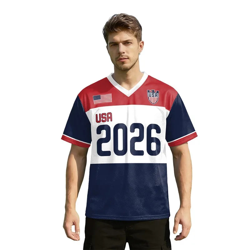 USA Red White Wavy Stripe Print 2026 Home Fan Edition Soccer Jersey Breathable Quick Dry Soccer Shirts