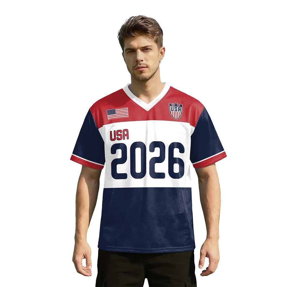 USA Red White Wavy Stripe Print 2026 Home Fan Edition Soccer Jersey Breathable Quick Dry Soccer Shirts