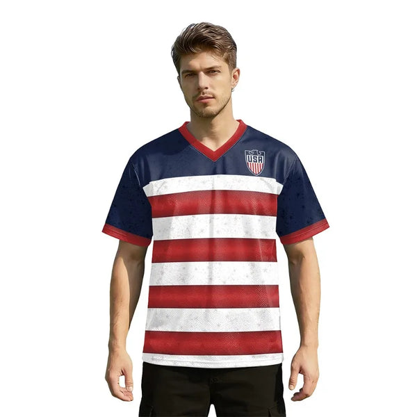 USA Red White Wavy Stripe Print 2026 Home Fan Edition Soccer Jersey Breathable Quick Dry Soccer Shirts