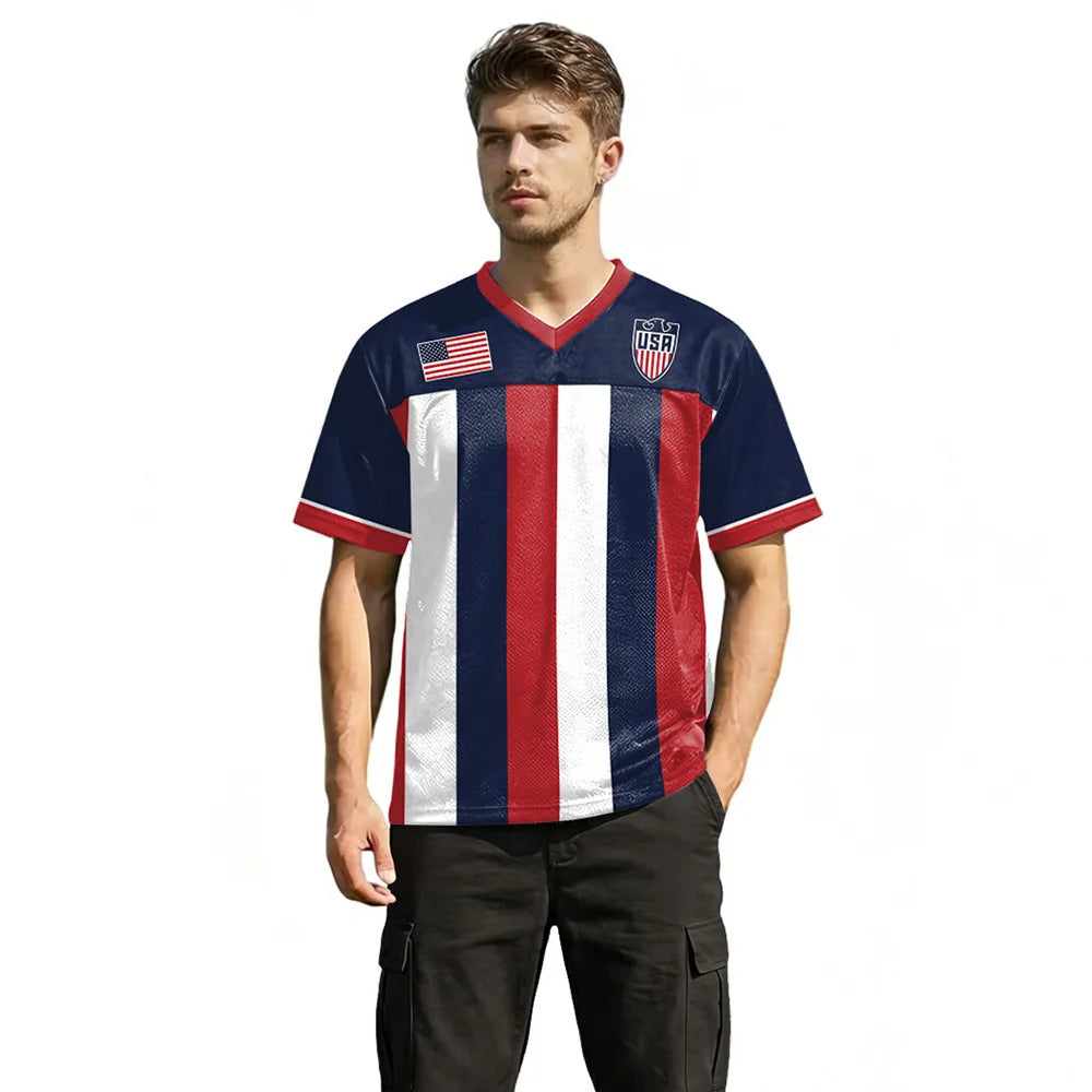 USA Red White Wavy Stripe Print 2026 Home Fan Edition Soccer Jersey Breathable Quick Dry Soccer Shirts