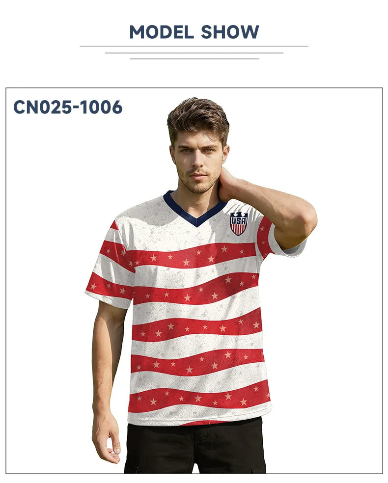 USA Red White Wavy Stripe Print 2026 Home Fan Edition Soccer Jersey Breathable Quick Dry Soccer Shirts