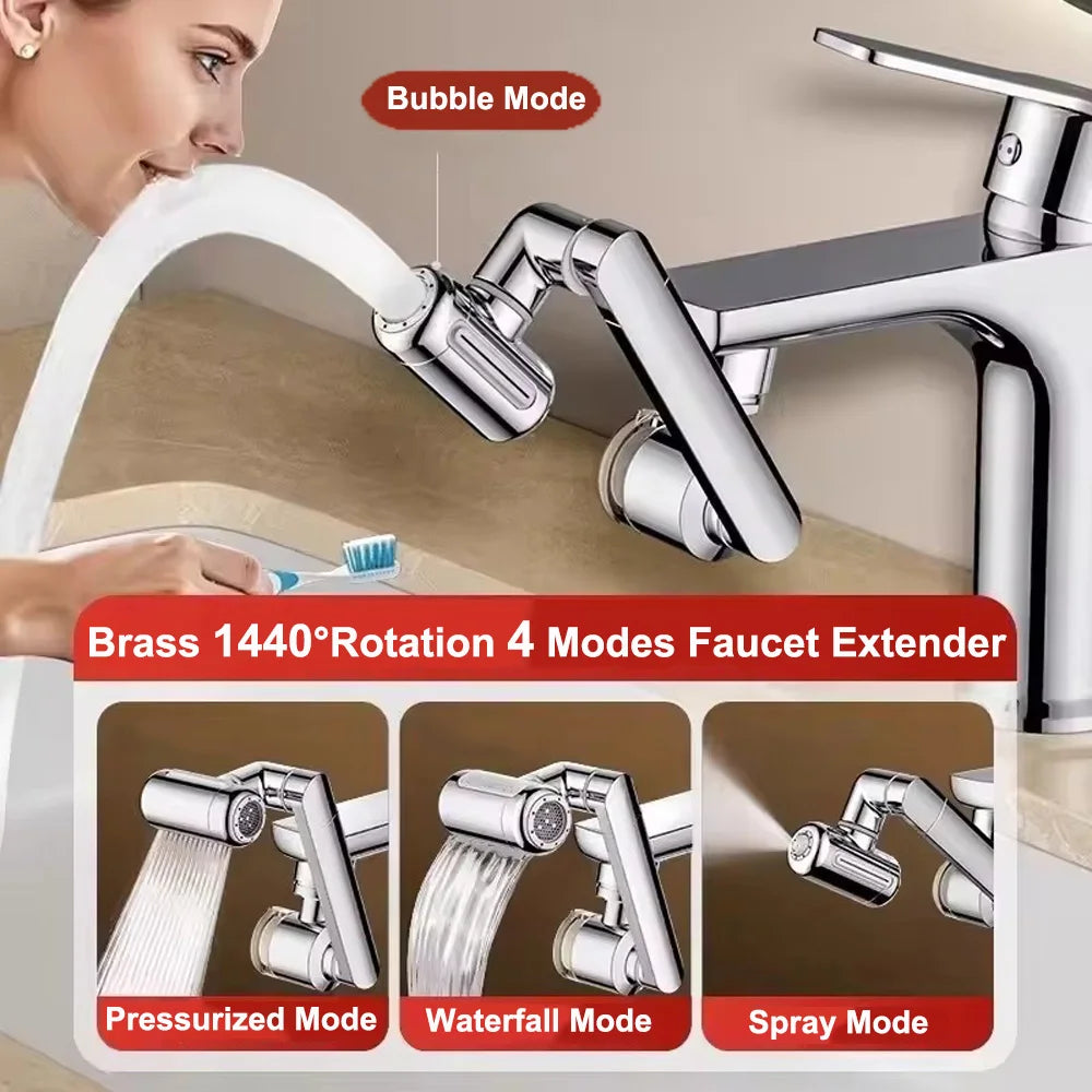 Brass Faucet Extender with Filter – 4 Modes, 1440° Swivel, Splash-Proof Aerator