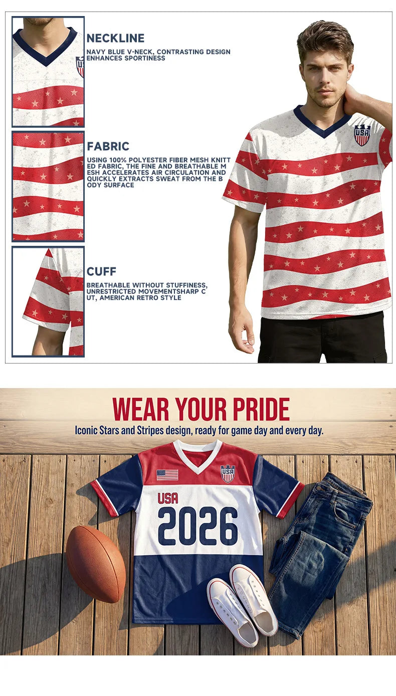 USA Red White Wavy Stripe Print 2026 Home Fan Edition Soccer Jersey Breathable Quick Dry Soccer Shirts