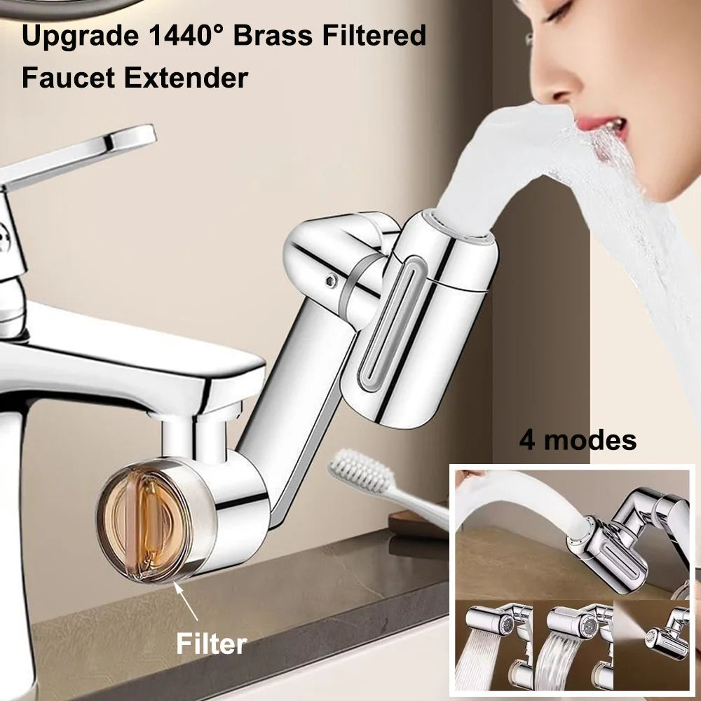 Brass Faucet Extender with Filter – 4 Modes, 1440° Swivel, Splash-Proof Aerator