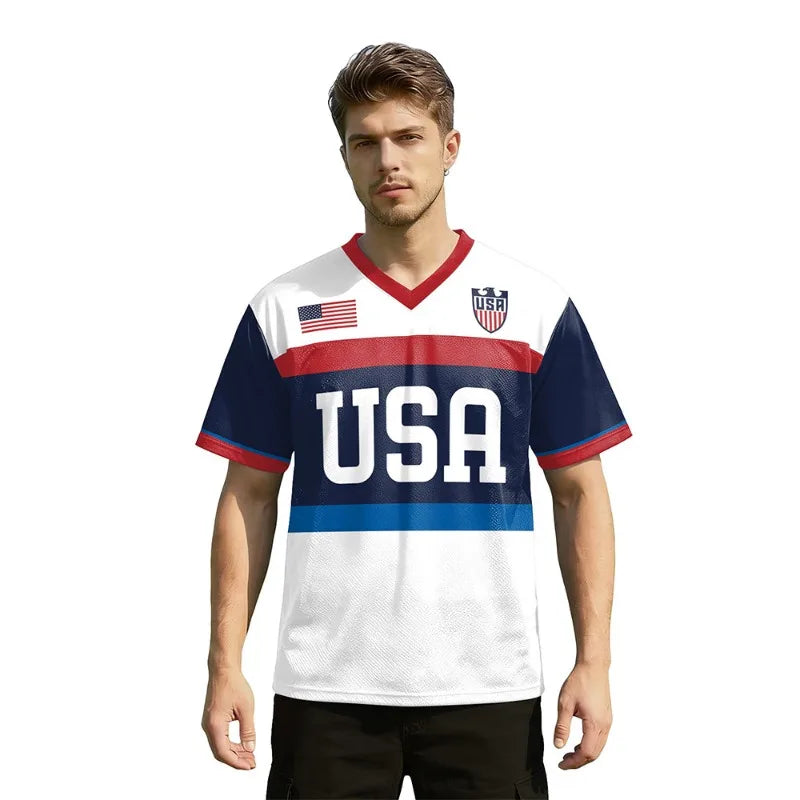 USA Red White Wavy Stripe Print 2026 Home Fan Edition Soccer Jersey Breathable Quick Dry Soccer Shirts