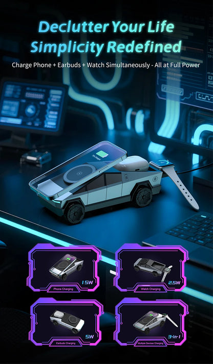 Desktop Cybertruck 3 in 1 Magnetic Fast Wireless Charger Phone Stand For IPhone 16 15 Pro Max, Apple & Samsung Watch Airpods Pro